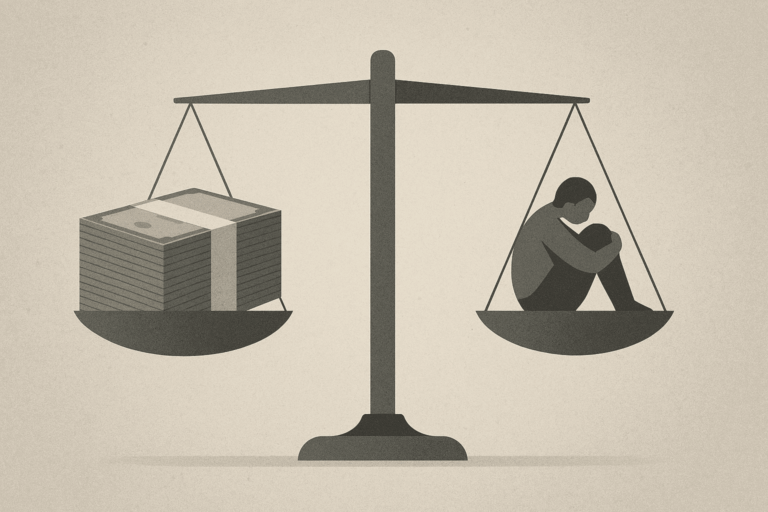 Ilustración conceptual que compara el dinero con la tranquilidad financiera mediante una balanza