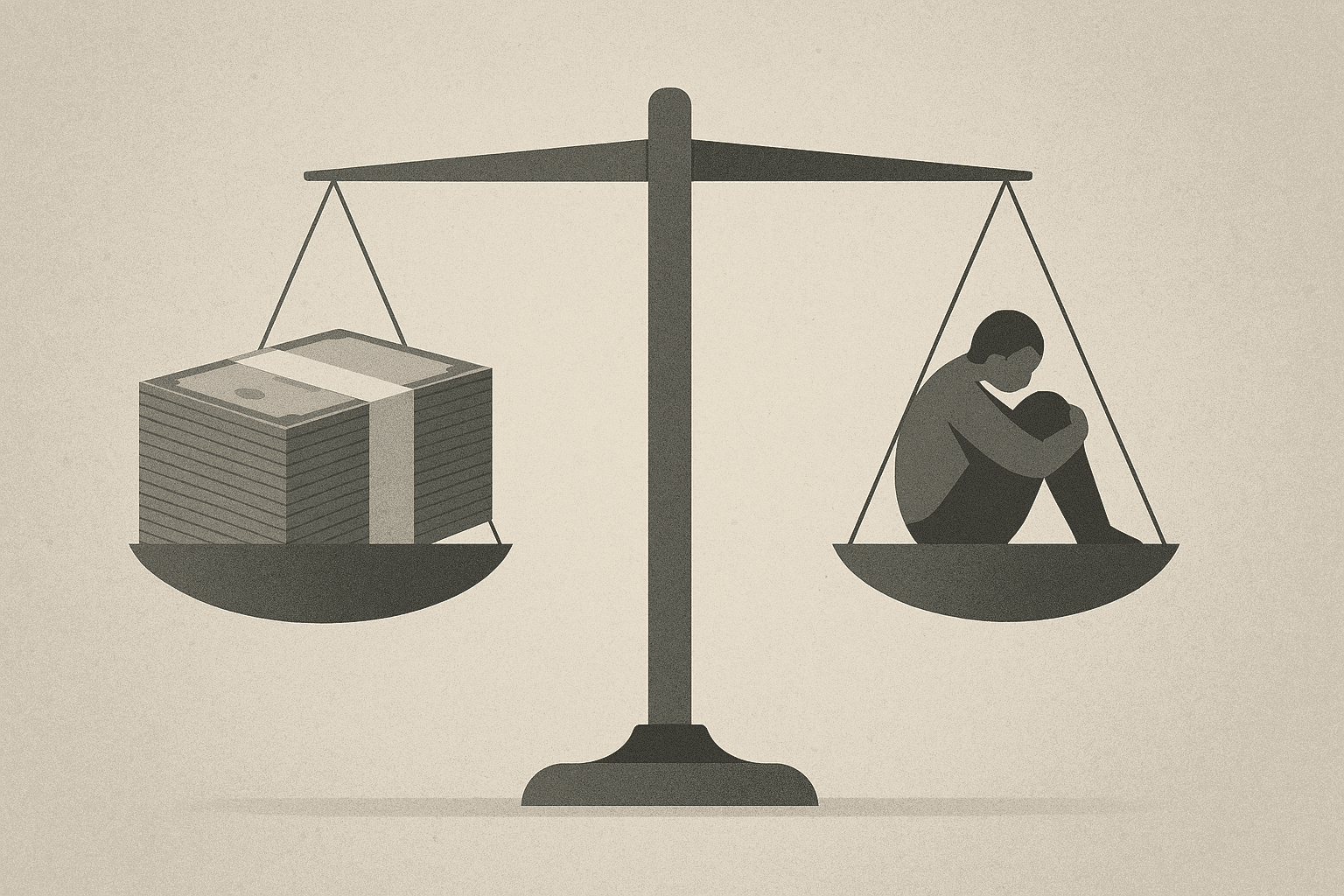 Ilustración conceptual que compara el dinero con la tranquilidad financiera mediante una balanza